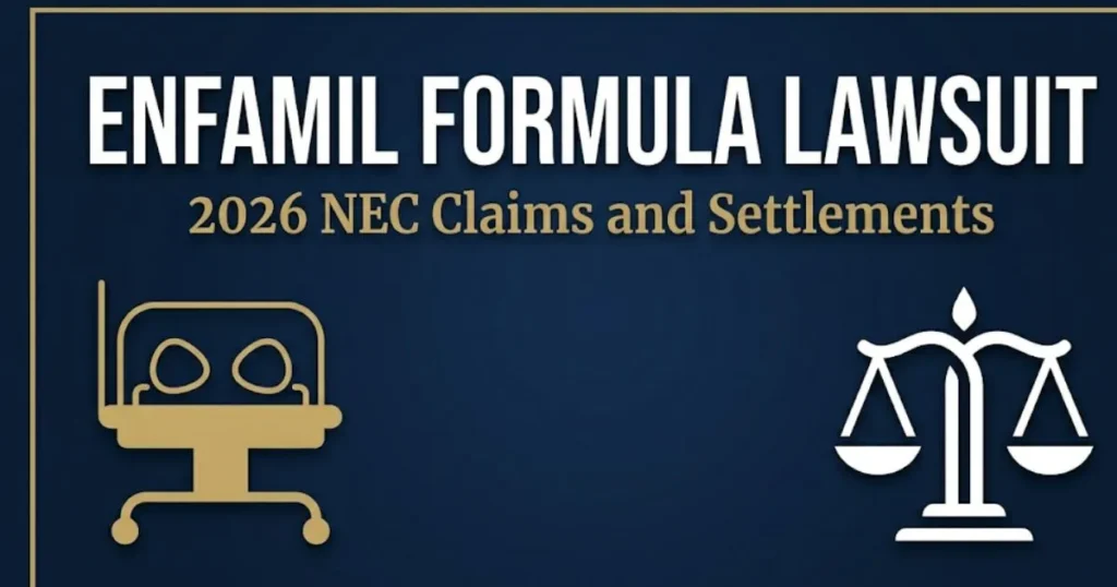 Enfamil formula lawsuit 2026 blog banner showing NEC claims and settlement information with legal icons on navy background MAIN KEYWORD {{enfamil formula lawsuit}} CLUSTER KEYWORDS {{paste cl
