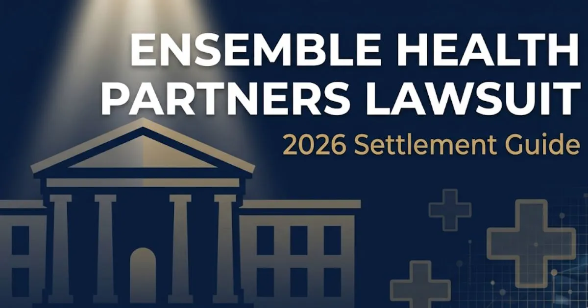 Ensemble Health Partners lawsuit 2026 settlement guide banner with courthouse and data breach legal imagery