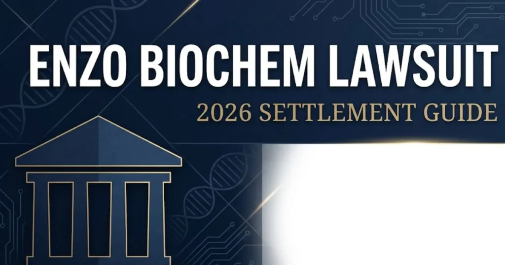 Enzo Biochem Lawsuit 2026 settlement guide banner with courthouse silhouette and legal data breach theme