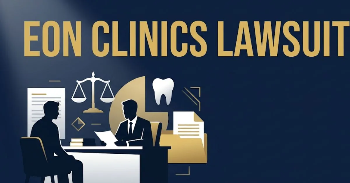 Eon Clinics Lawsuit 2026 blog banner with legal scales, tooth icon, and navy gold design