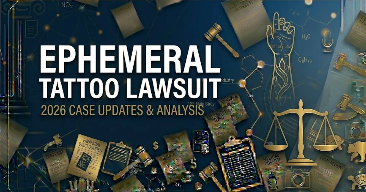 Ephemeral tattoo lawsuit 2026 banner showing fading tattoo silhouette and legal scale icon on navy background