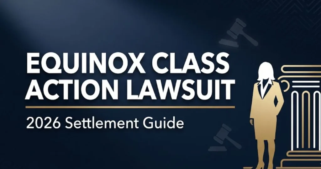 Equinox class action lawsuit 2026 settlement guide banner with legal icons on navy background