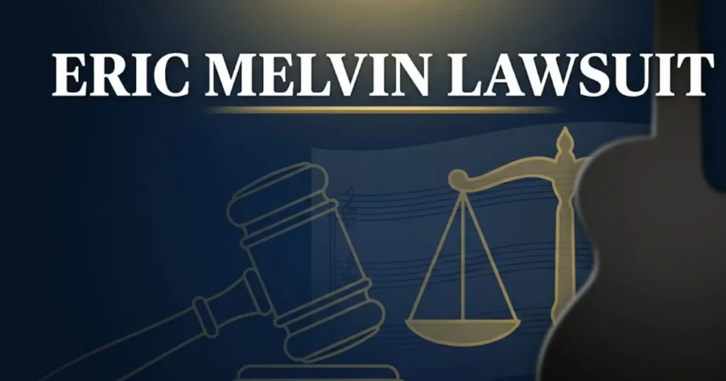 Eric Melvin lawsuit hero banner showing legal gavel and guitar silhouette with bold headline text on navy background
