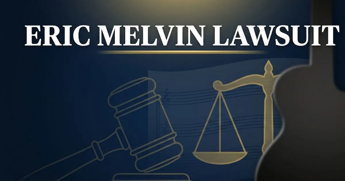 Eric Melvin lawsuit hero banner showing legal gavel and guitar silhouette with bold headline text on navy background