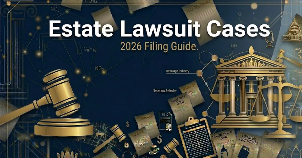 Estate lawsuit cases 2026 filing guide banner with gavel and courthouse legal symbols
