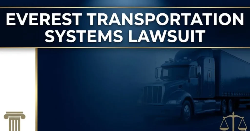 Everest Transportation Systems lawsuit 2026 guide banner with legal icons and truck silhouette on navy background