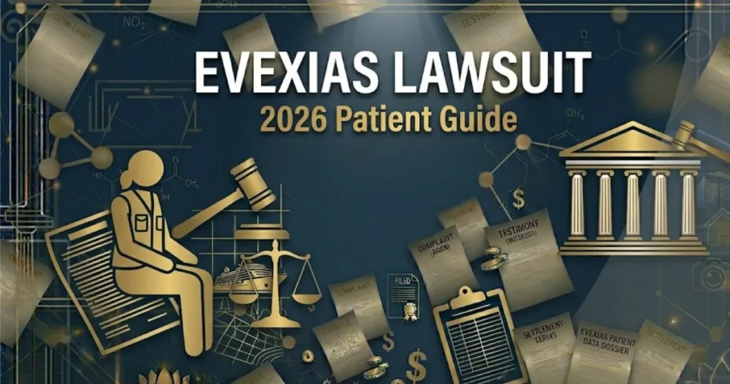 Evexias lawsuit 2026 legal banner showing gavel and patient silhouette with bold headline text on navy background
