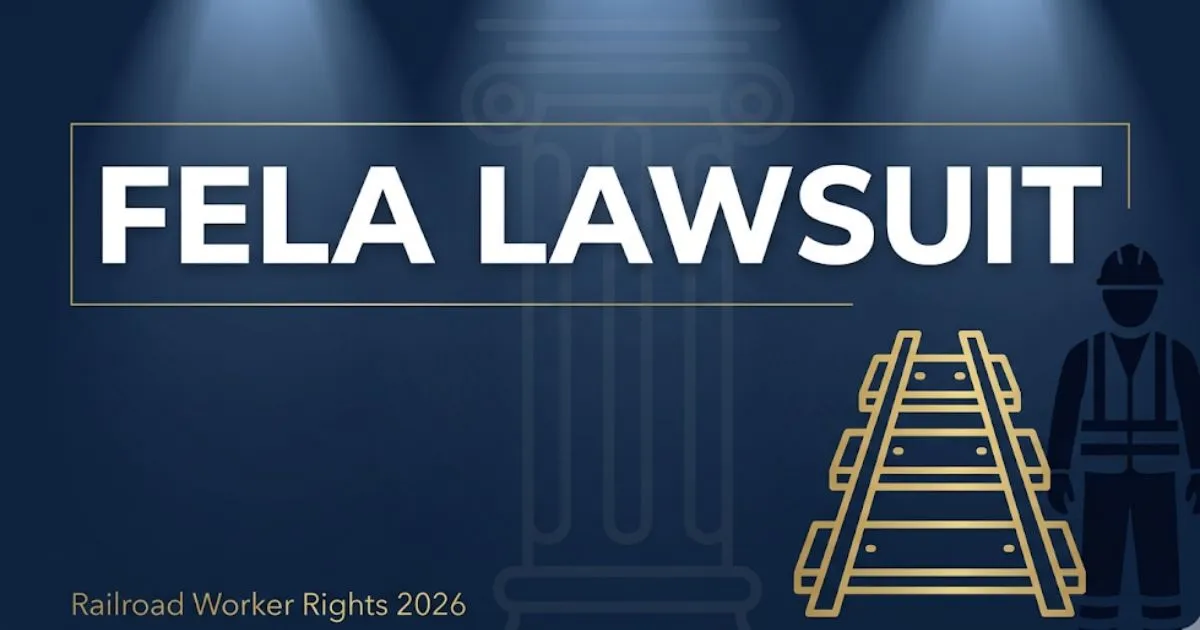 FELA lawsuit guide 2026 banner showing railroad worker silhouette and legal headline on navy background