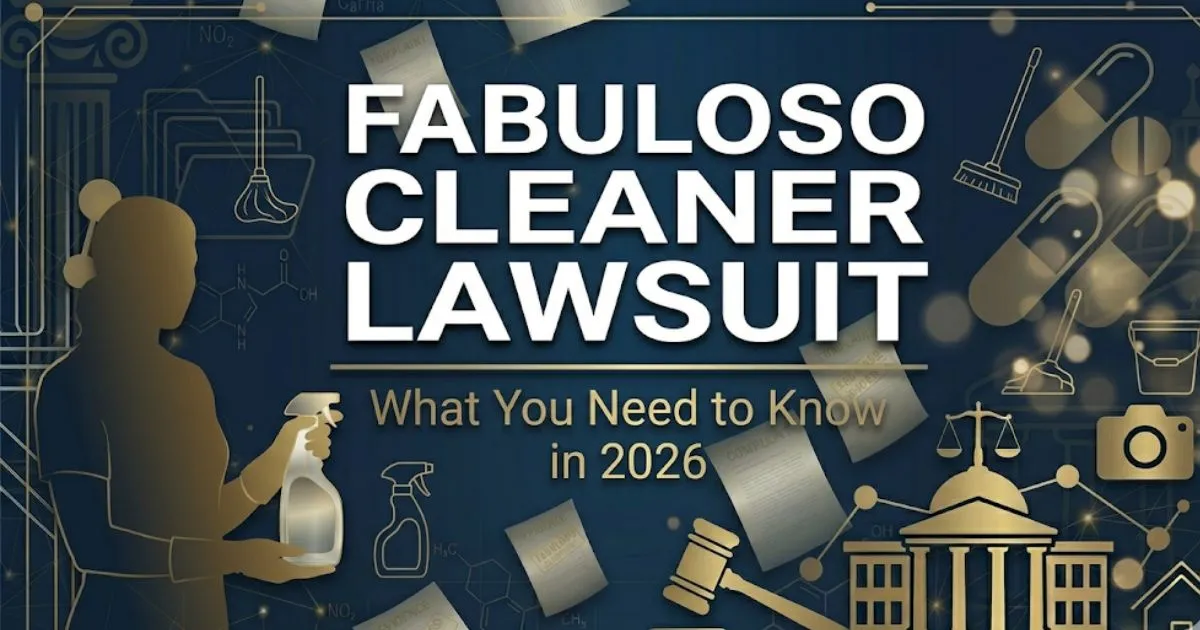 Fabuloso cleaner lawsuit 2026 blog banner with legal icons, gavel silhouette, and bold headline text on navy background