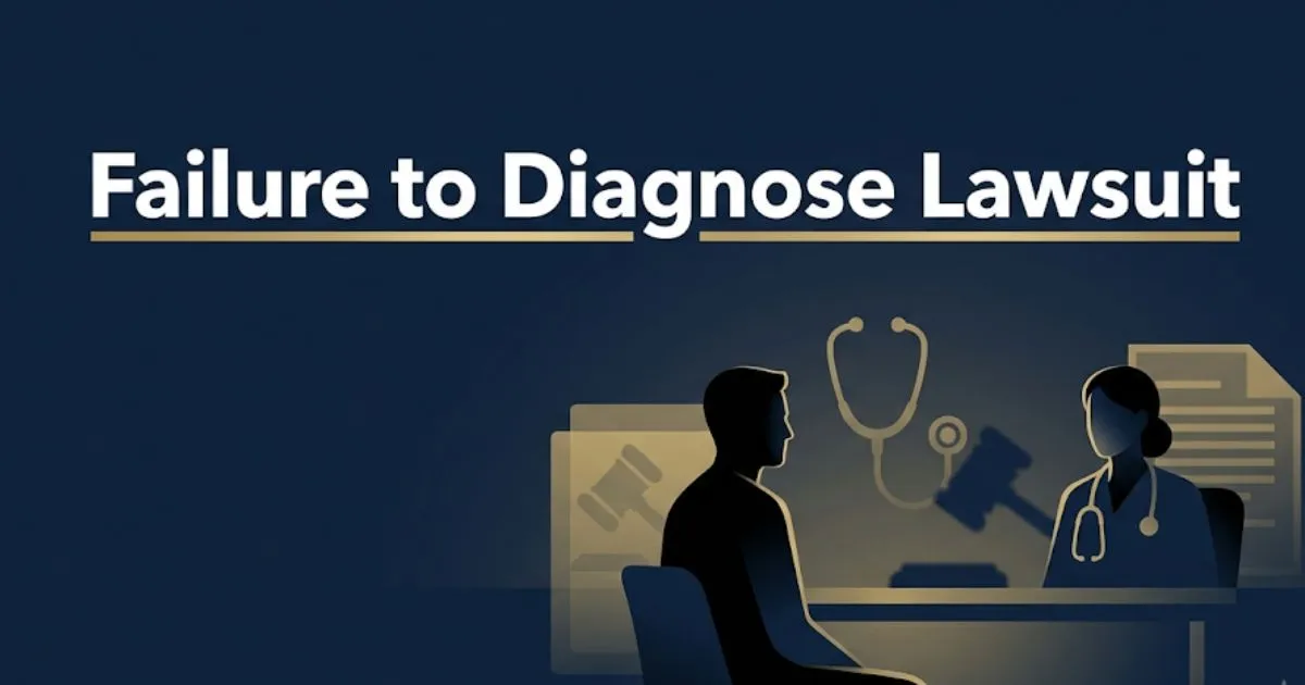 Failure to diagnose lawsuit legal guide banner with silhouette patient and doctor imagery in navy and gold
