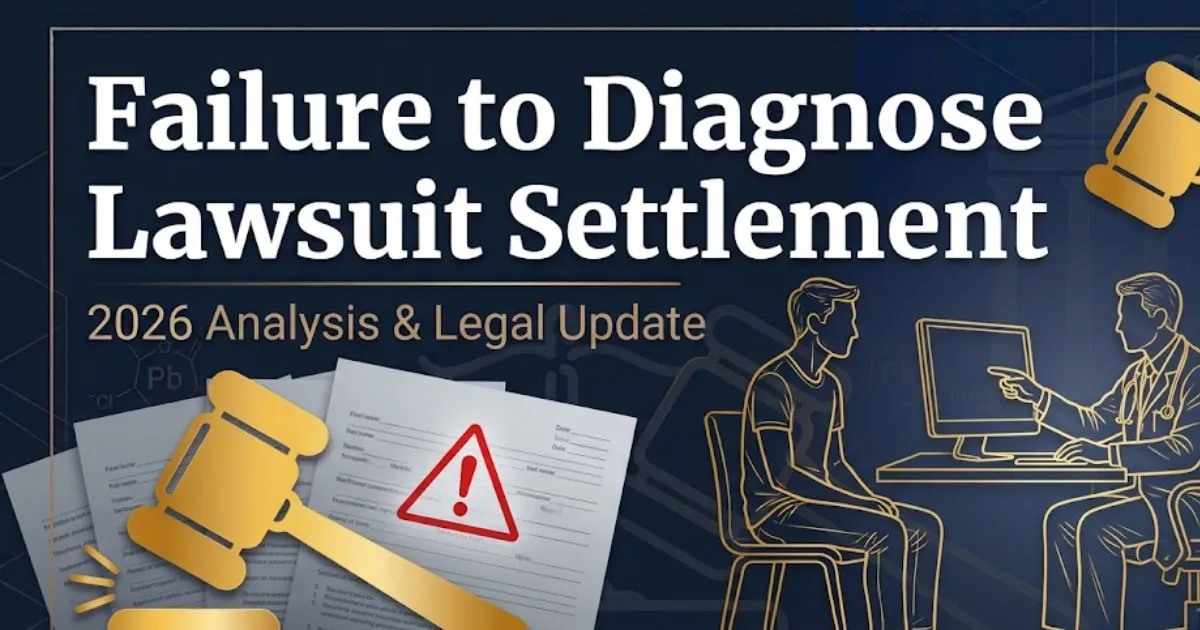 Failure to diagnose lawsuit settlement guide 2026 with legal and medical silhouette imagery on navy background