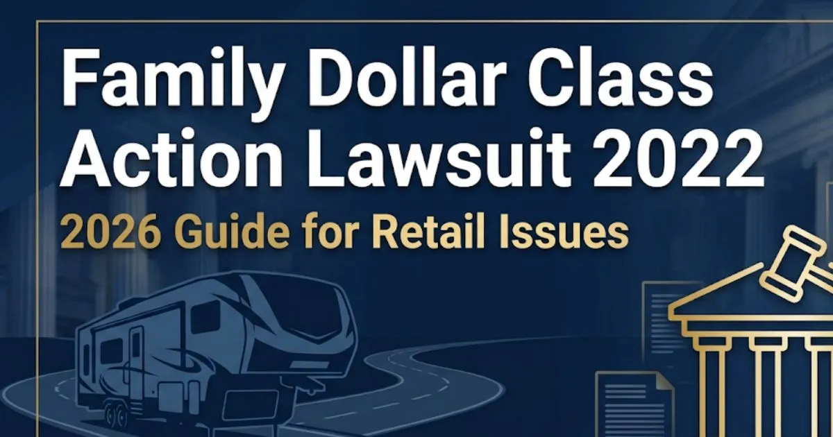Family Dollar Class Action Lawsuit 2022 legal banner with courthouse silhouette and gavel icon on navy background