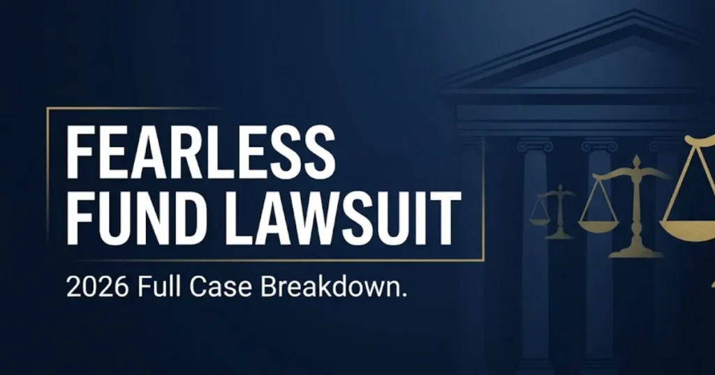 Fearless fund lawsuit 2026 legal case breakdown banner with courthouse silhouette and scale of justice icons
