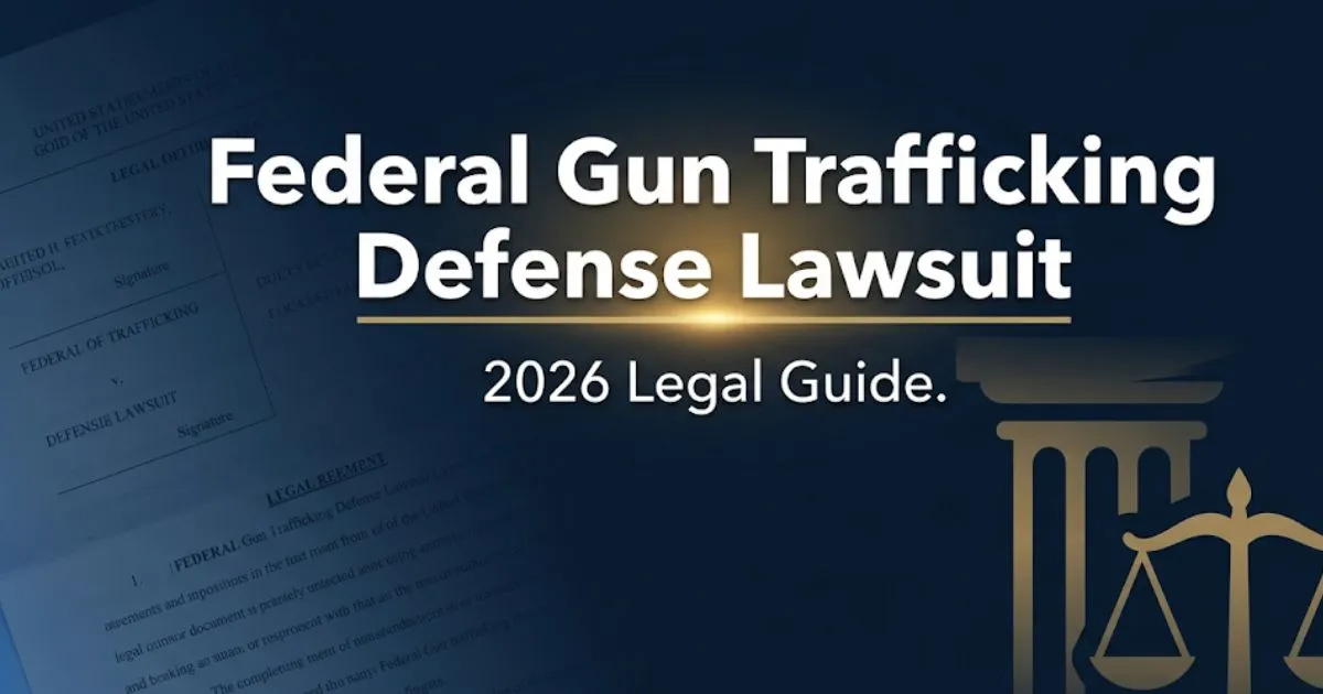 Federal gun trafficking defense lawsuit 2026 legal guide banner with courthouse icon on navy background