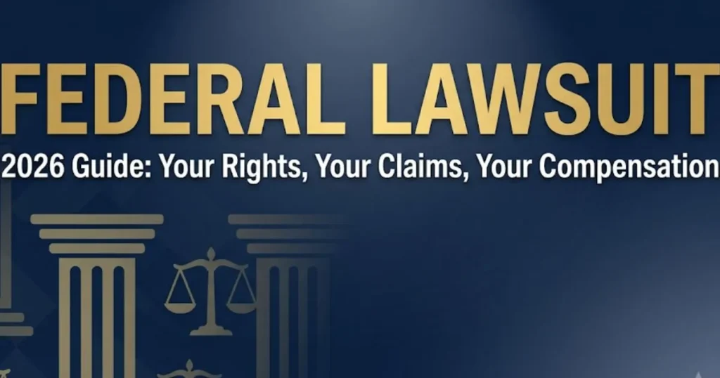 Federal lawsuit 2026 guide blog banner with courthouse icons, scales of justice, and gold headline text on navy background.