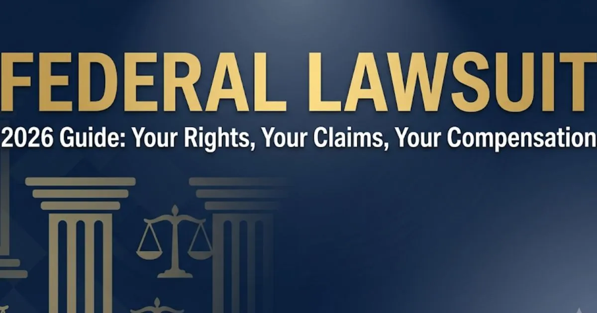 Federal lawsuit 2026 guide blog banner with courthouse icons, scales of justice, and gold headline text on navy background.
