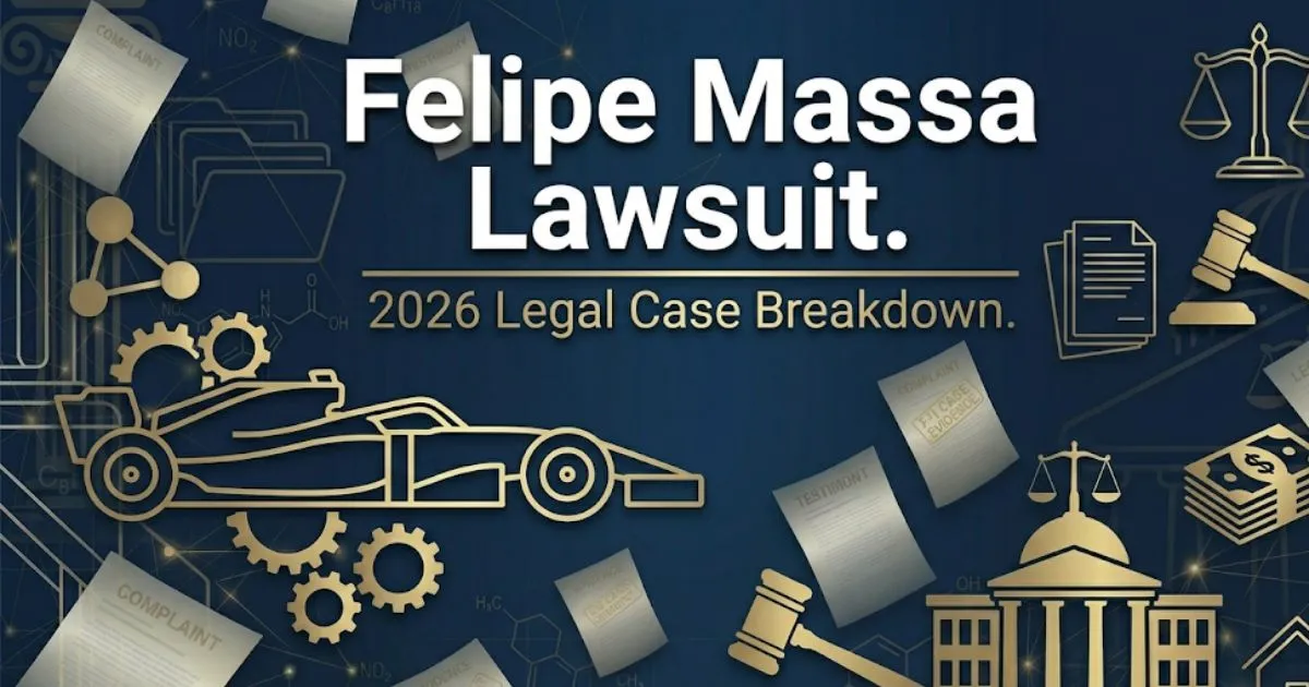 Felipe Massa Lawsuit 2026 legal case breakdown banner with F1 silhouette and justice symbols on navy background