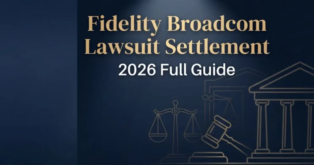 Fidelity Broadcom lawsuit settlement 2026 guide banner with legal scales and courthouse silhouette on navy background