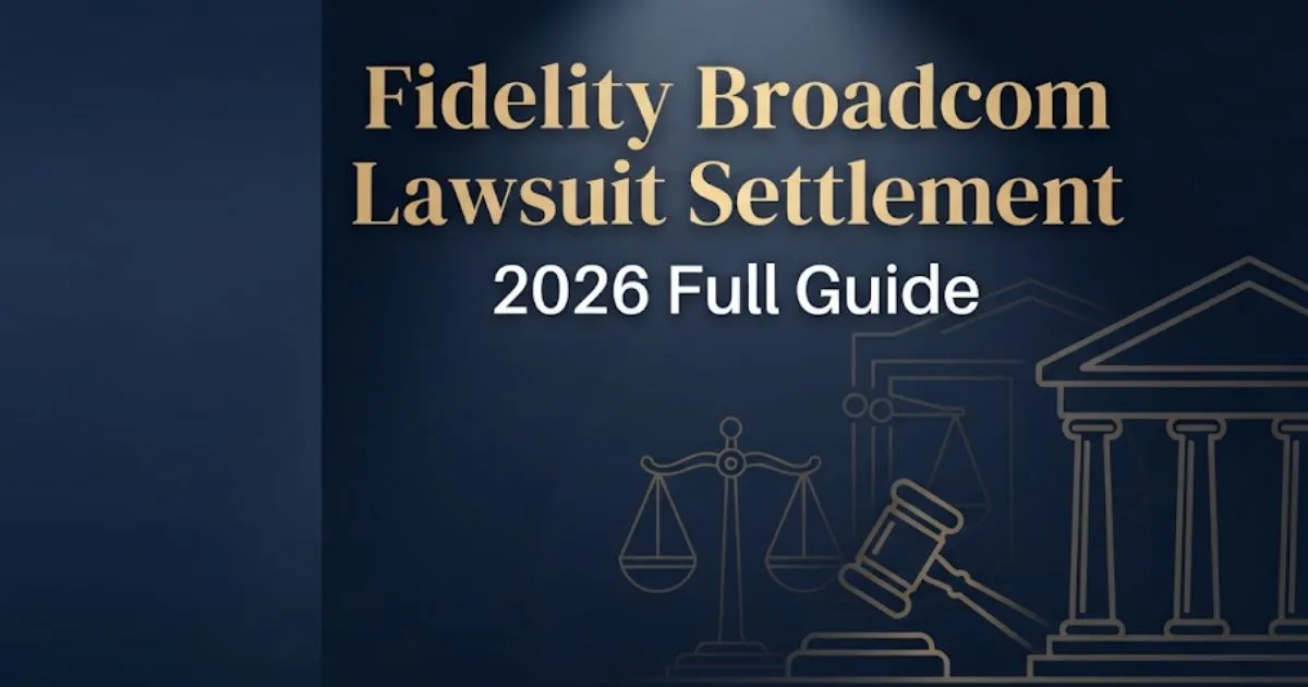 Fidelity Broadcom lawsuit settlement 2026 guide banner with legal scales and courthouse silhouette on navy background