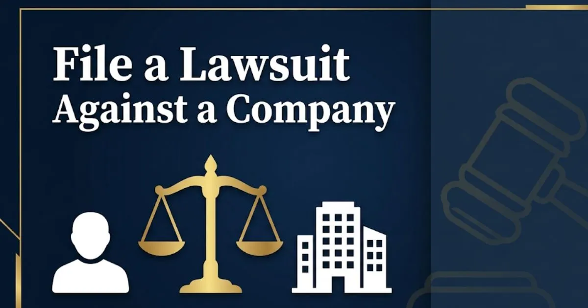 File a lawsuit against a company guide with scales of justice and legal icons