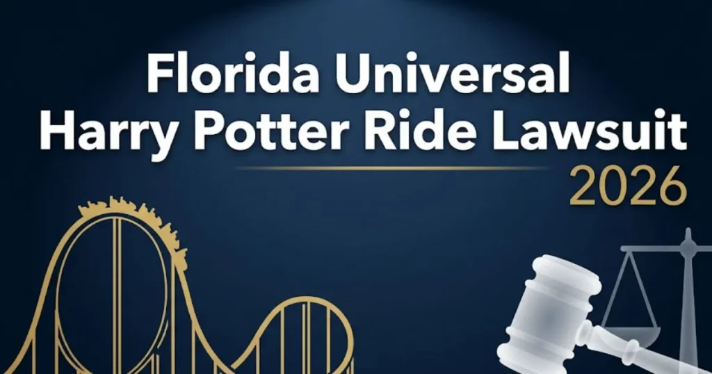 Florida Universal Harry Potter ride lawsuit 2026 legal guide banner with gavel and theme park silhouette icons