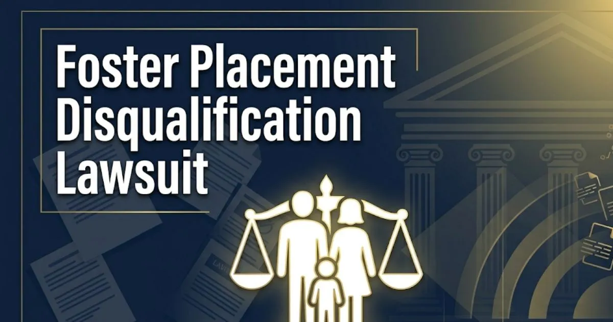 Foster placement disqualification lawsuit legal guide banner 2026 with courthouse silhouette and legal scales on navy background