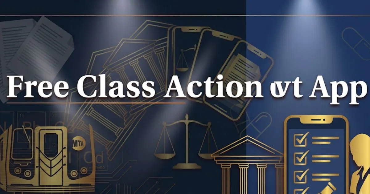 Free class action lawsuit app guide showing smartphone with legal checklist and gavel icon on navy background