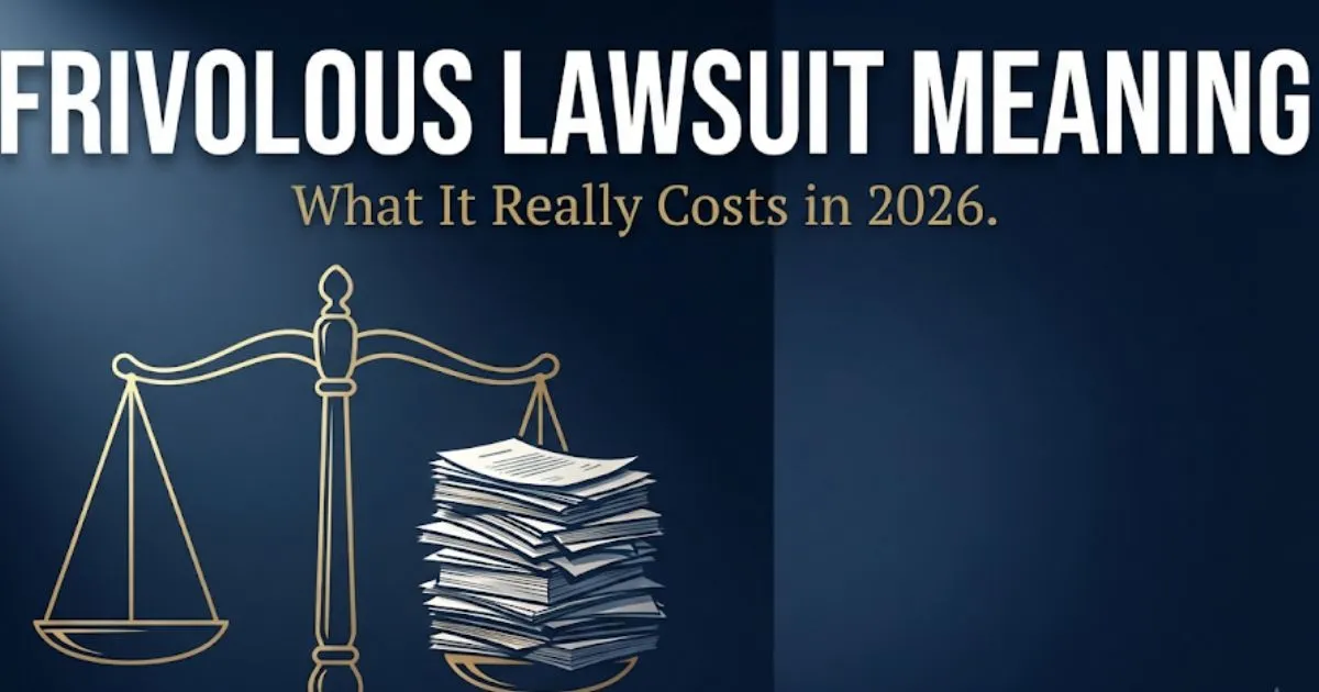 Frivolous lawsuit meaning explained in 2026 with courtroom scales icon and bold legal headline on navy background