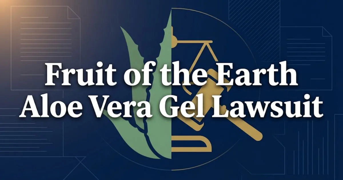 Fruit of the earth aloe vera gel lawsuit 2026 guide with legal symbols and aloe leaf graphic