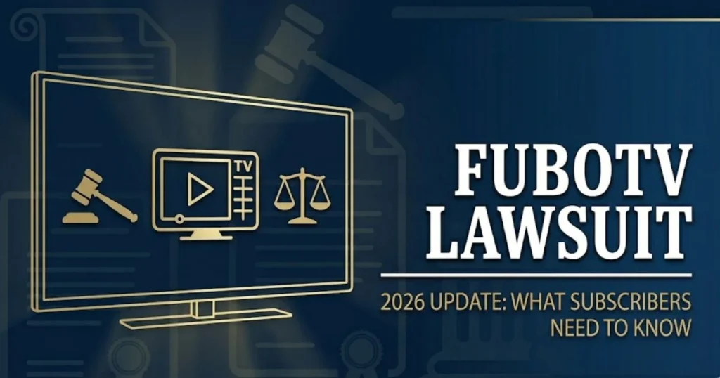 FuboTV lawsuit 2026 update banner showing antitrust case details for subscribers with legal symbols and bold title text