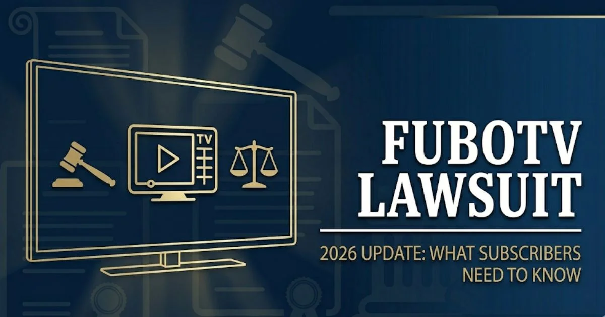 FuboTV lawsuit 2026 update banner showing antitrust case details for subscribers with legal symbols and bold title text