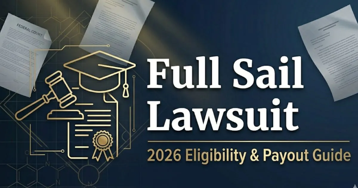 Full Sail Lawsuit banner with headline and legal icons on navy background.