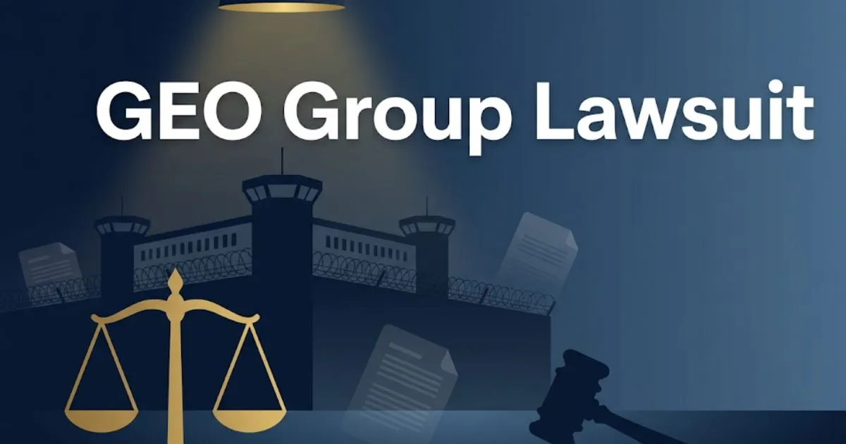 GEO Group Lawsuit 2026 banner with legal scales, gavel, and private prison silhouette