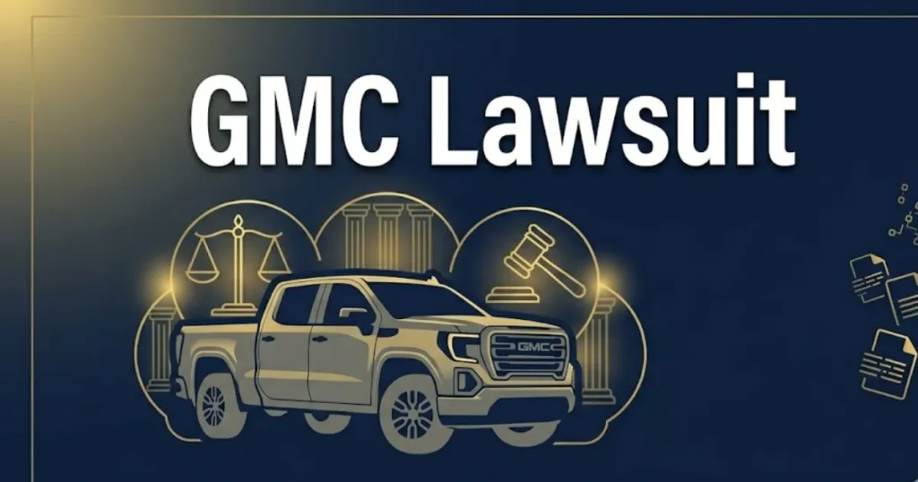 GMC lawsuit 2026 legal guide banner with truck silhouette and justice symbols