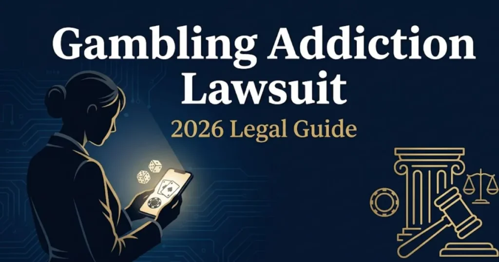 Gambling addiction lawsuit 2026 legal guide banner with courthouse and phone silhouette