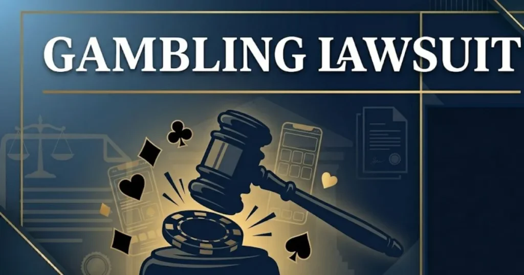 Gambling lawsuit 2026 guide with gavel and casino chip legal banner design