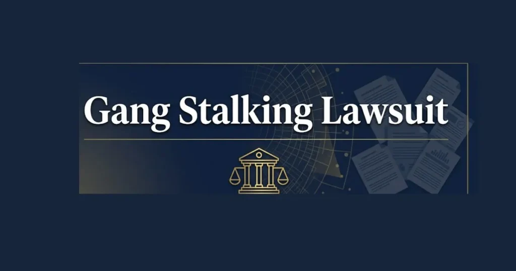 Gang stalking lawsuit legal rights guide with courthouse and scales of justice imagery