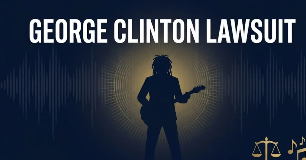 George Clinton lawsuit music rights battle legal case banner with scales of justice and P-Funk catalog dispute theme