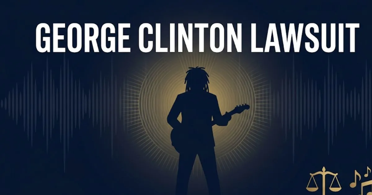 George Clinton lawsuit music rights battle legal case banner with scales of justice and P-Funk catalog dispute theme