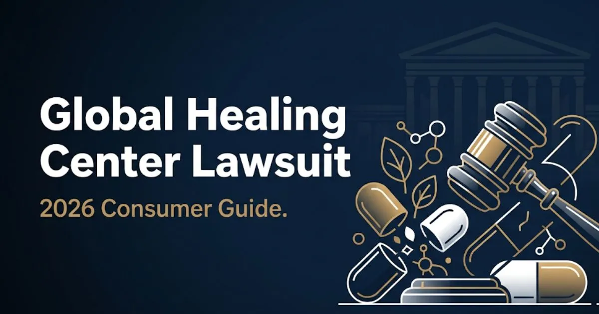 Global Healing Center Lawsuit 2026 consumer guide banner with legal gavel and supplement icons on navy background