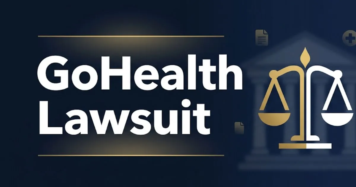 GoHealth lawsuit 2026 legal banner showing scales of justice and case filing information on navy background