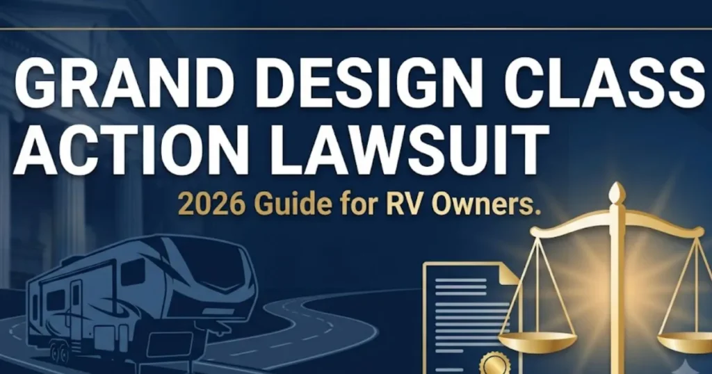Grand Design class action lawsuit 2026 guide banner with RV silhouette and legal symbols on navy background