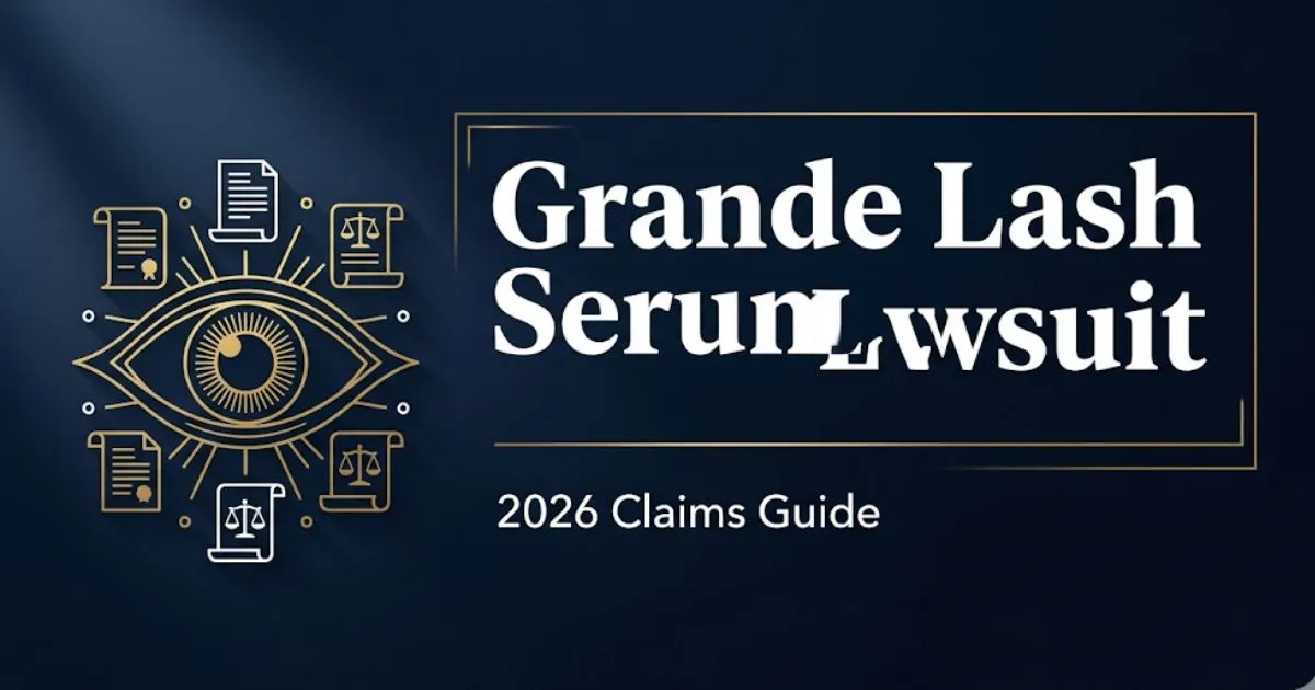 Grande lash serum lawsuit 2026 guide banner with legal symbols and eye illustration on navy background