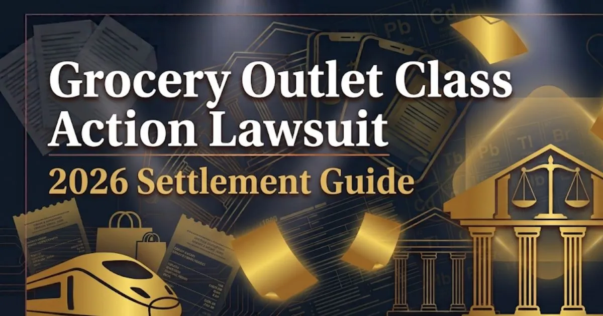 Grocery Outlet Class Action Lawsuit 2026 guide banner with courthouse and legal scale icons on navy background