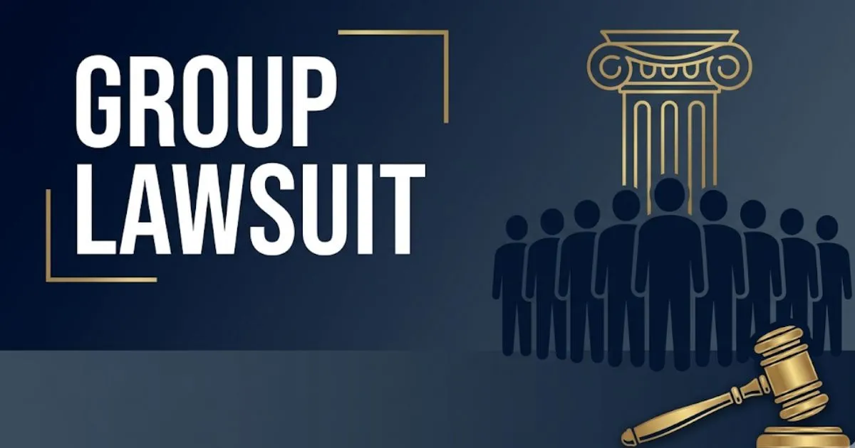 Group lawsuit guide blog banner showing courthouse silhouette, crowd figures, and bold headline text on navy background