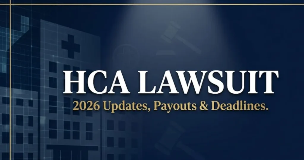 HCA lawsuit 2026 blog banner with hospital silhouette and legal symbols on navy background