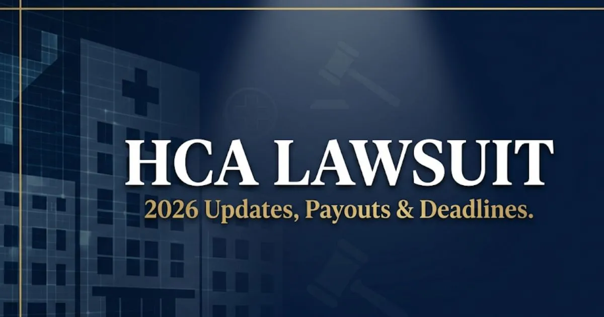 HCA lawsuit 2026 blog banner with hospital silhouette and legal symbols on navy background