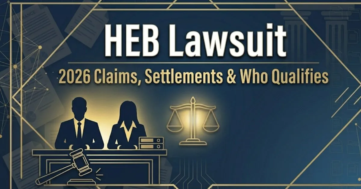 HEB Lawsuit 2026 hero banner with scales of justice and legal claim information on navy background MAIN KEYWORD {{heb lawsuit}} CLUSTER KEYWORDS {{paste cluster keywords, separated by or one