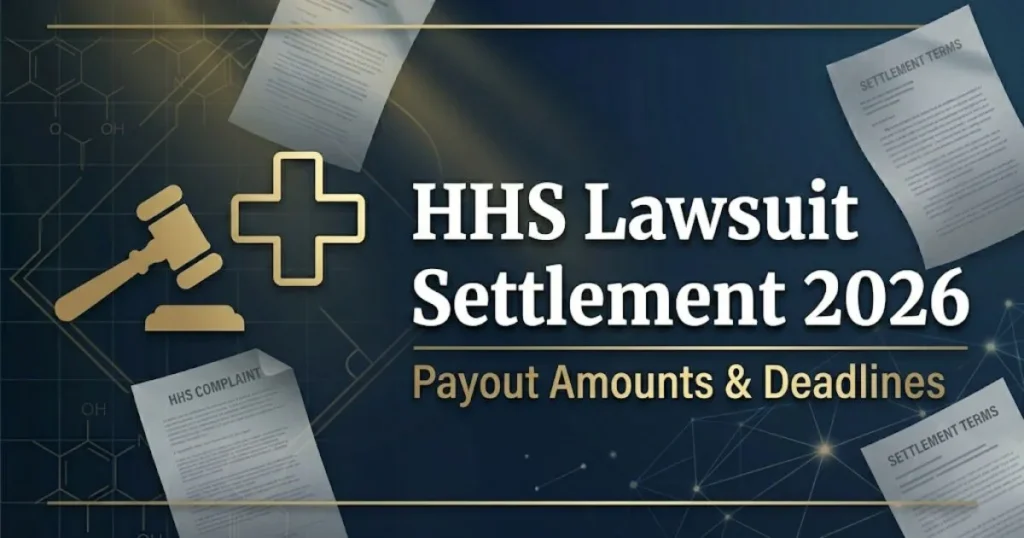 HHS Lawsuit Settlement 2026 banner with gavel and medical cross icons on deep navy background.