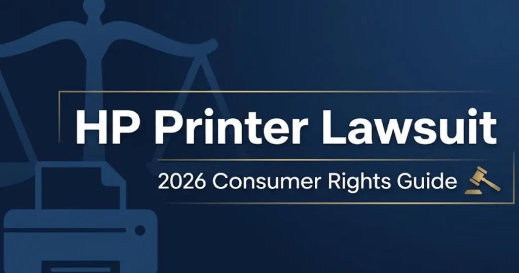 HP printer lawsuit 2026 legal guide banner with scales of justice and printer icon